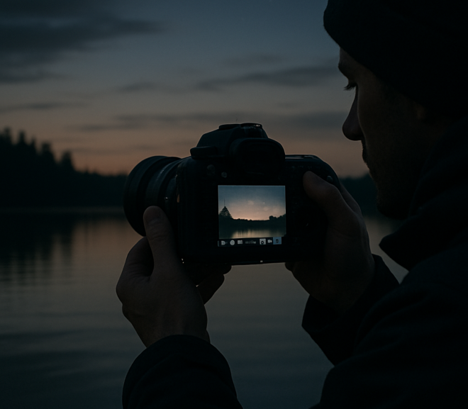 Paysage crépusculaire en faible lumière, illustrant comment photographier sans bruit ni flou.