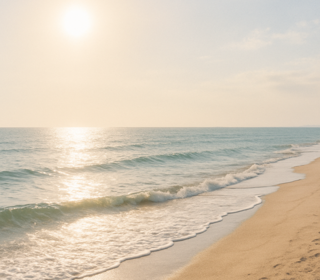 Plage en plein soleil avec lumière intense, idéale pour illustrer comment photographier en pleine lumière sans surexposer.